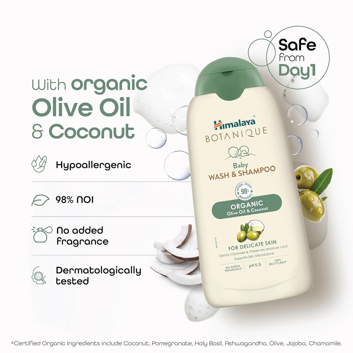 Himalaya Botanique Baby Wash & Shampoo 200 ml | Organic | Preserve Moisture Lock | No Tears | Dermatologically Tested | Helps Protect Skin Barrier | pH 5.5 | Hypoallergenic | No Added Fragrance