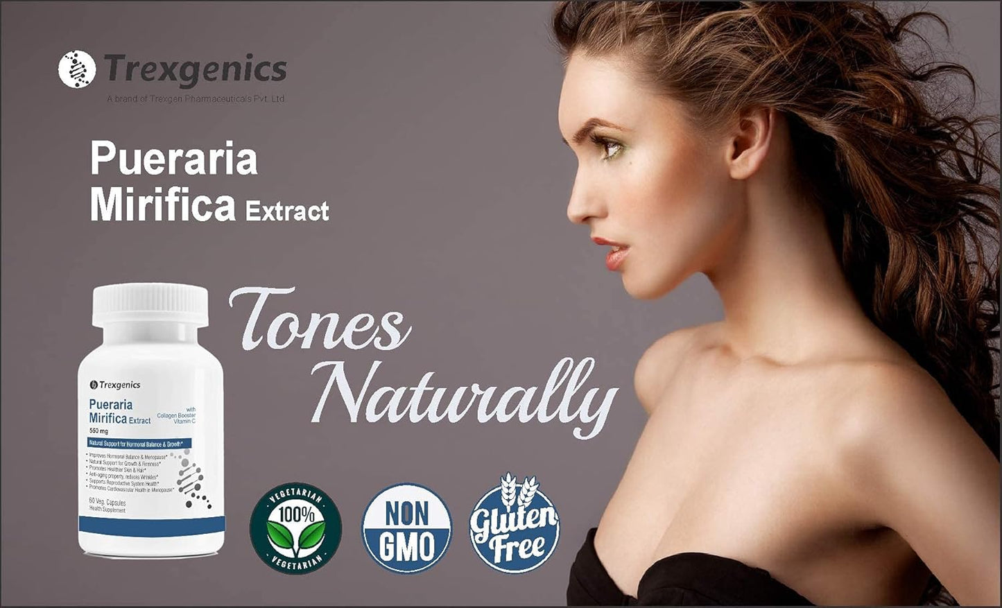 Advertisement for Trexgenics Pueraria Mirifica Extract with a woman's profile on a gray background.