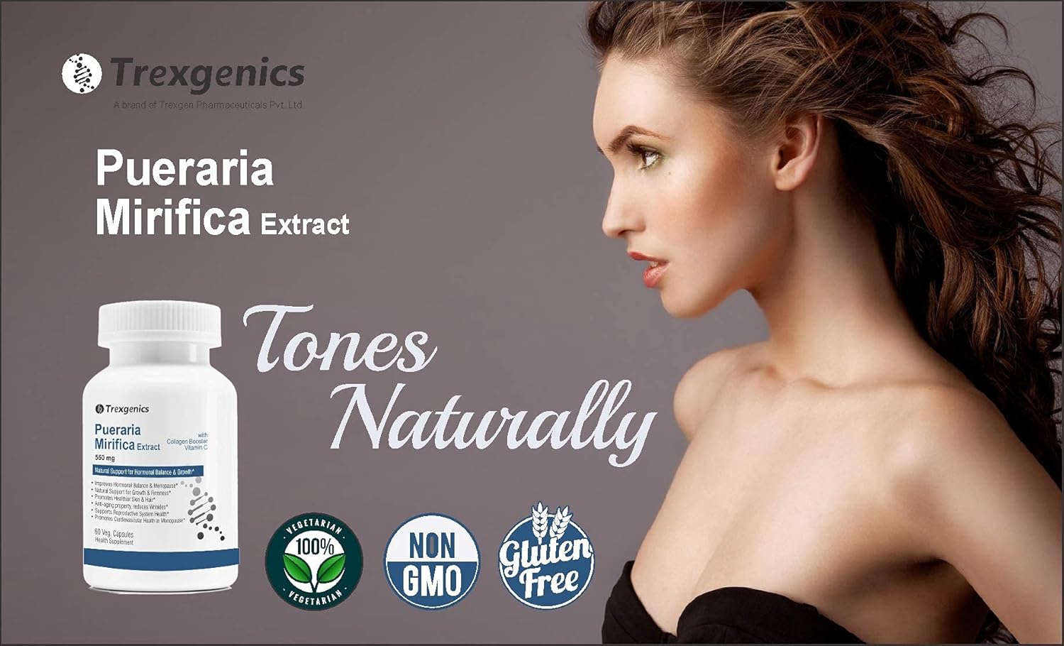 Advertisement for Trexgenics Pueraria Mirifica Extract with a woman's profile on a gray background.