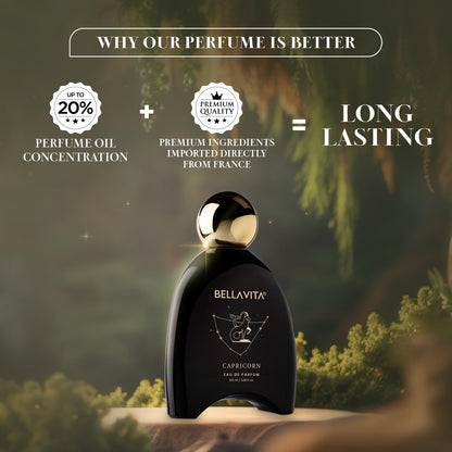 Bellavita perfume bottle with text highlighting features on a natural background