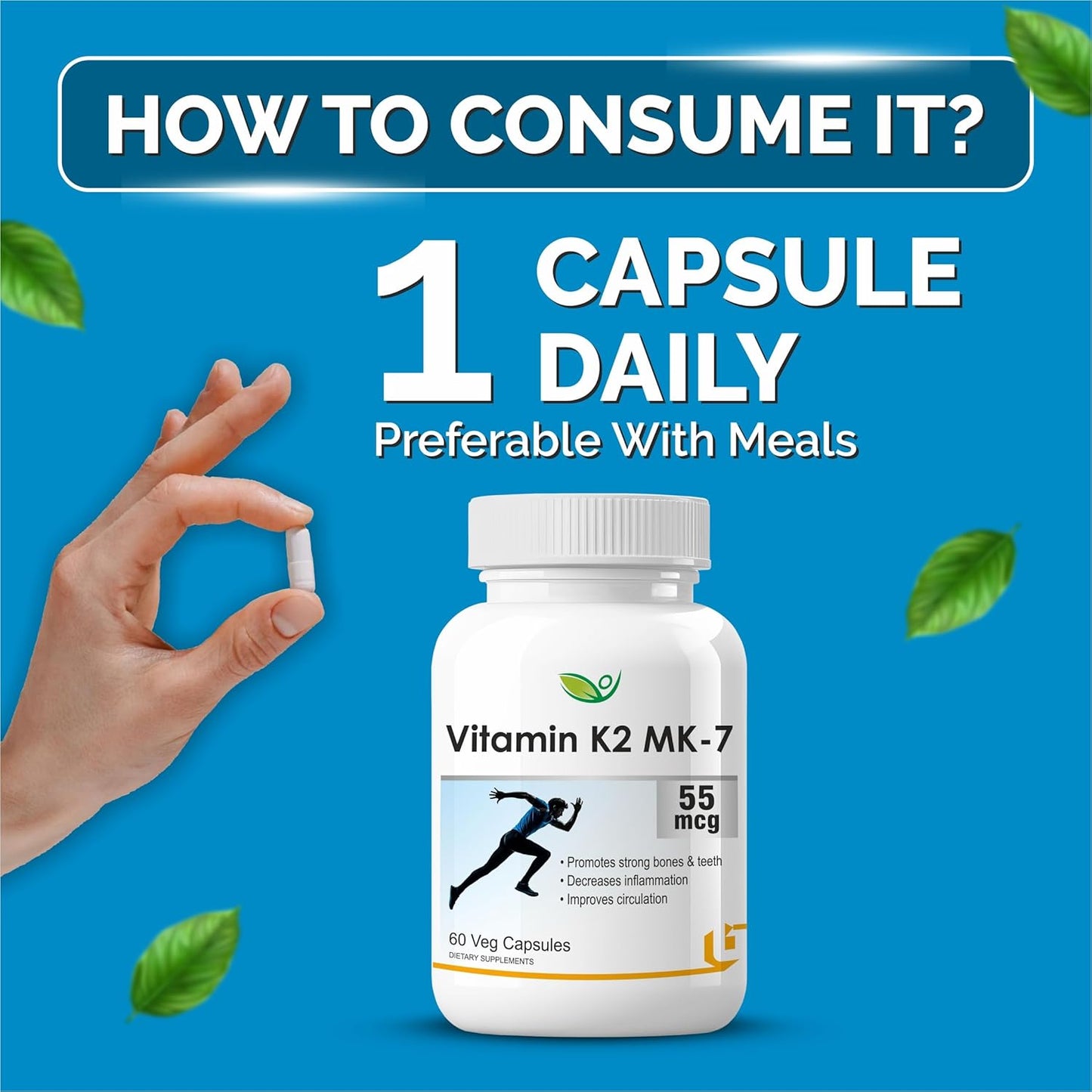 Biotrex Nutraceuticals Vitamin K2 MK-7 (Vegetarian Source) 55mcg | Bioactive Menaquinone-7 | Bone Health & Calcium Metabolism | High Absorption Formula | 60 Veg Capsules