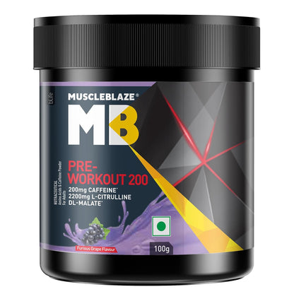 MuscleBlaze Pre Workout 200 (16 servings, 100g) | 200mg Caffeine, 2200mg Citrulline