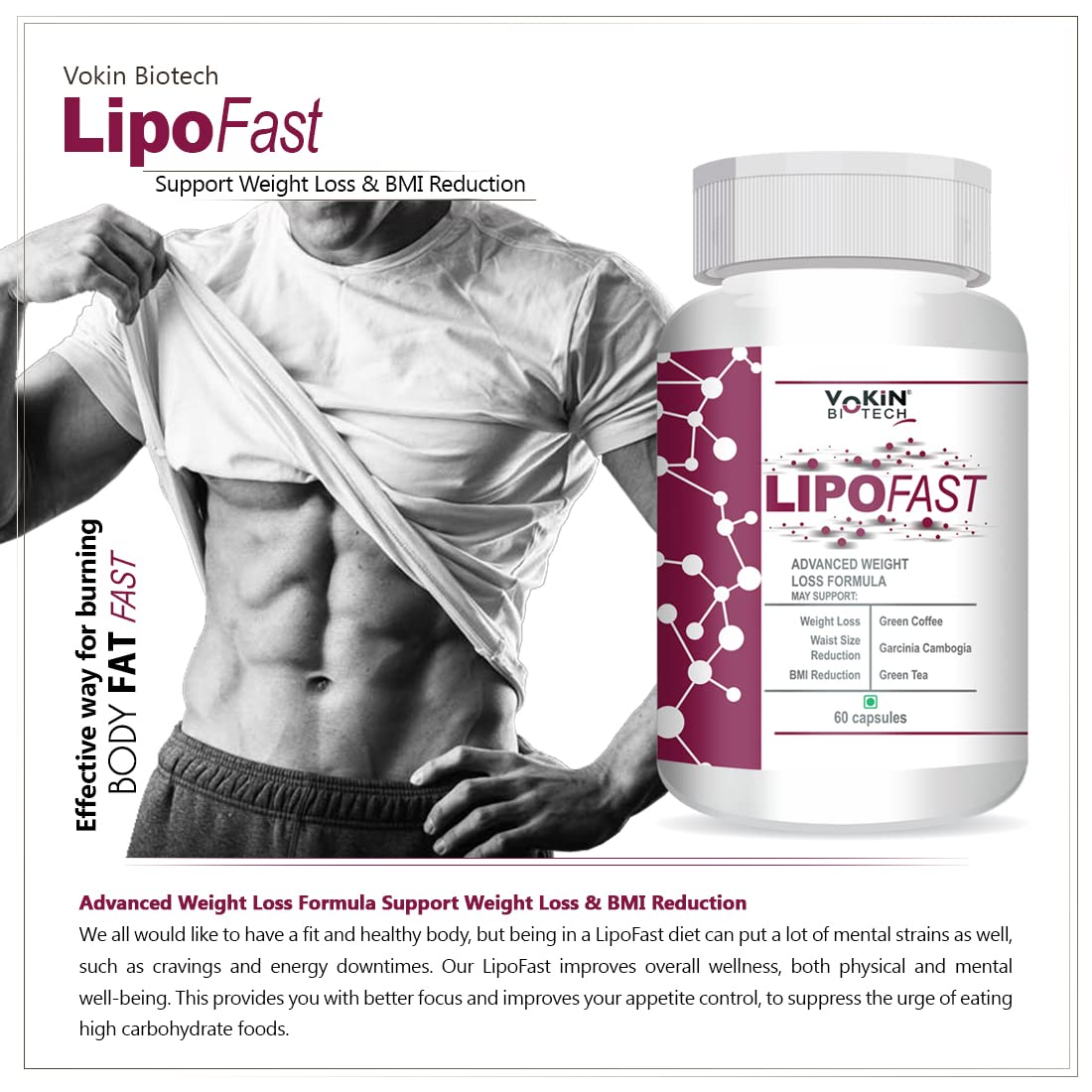 Advertisement for Vokin Biotech LipoFast weight loss supplement with a man showing his toned abs.