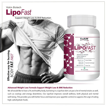 Advertisement for Vokin Biotech LipoFast weight loss supplement with a man showing his toned abs.