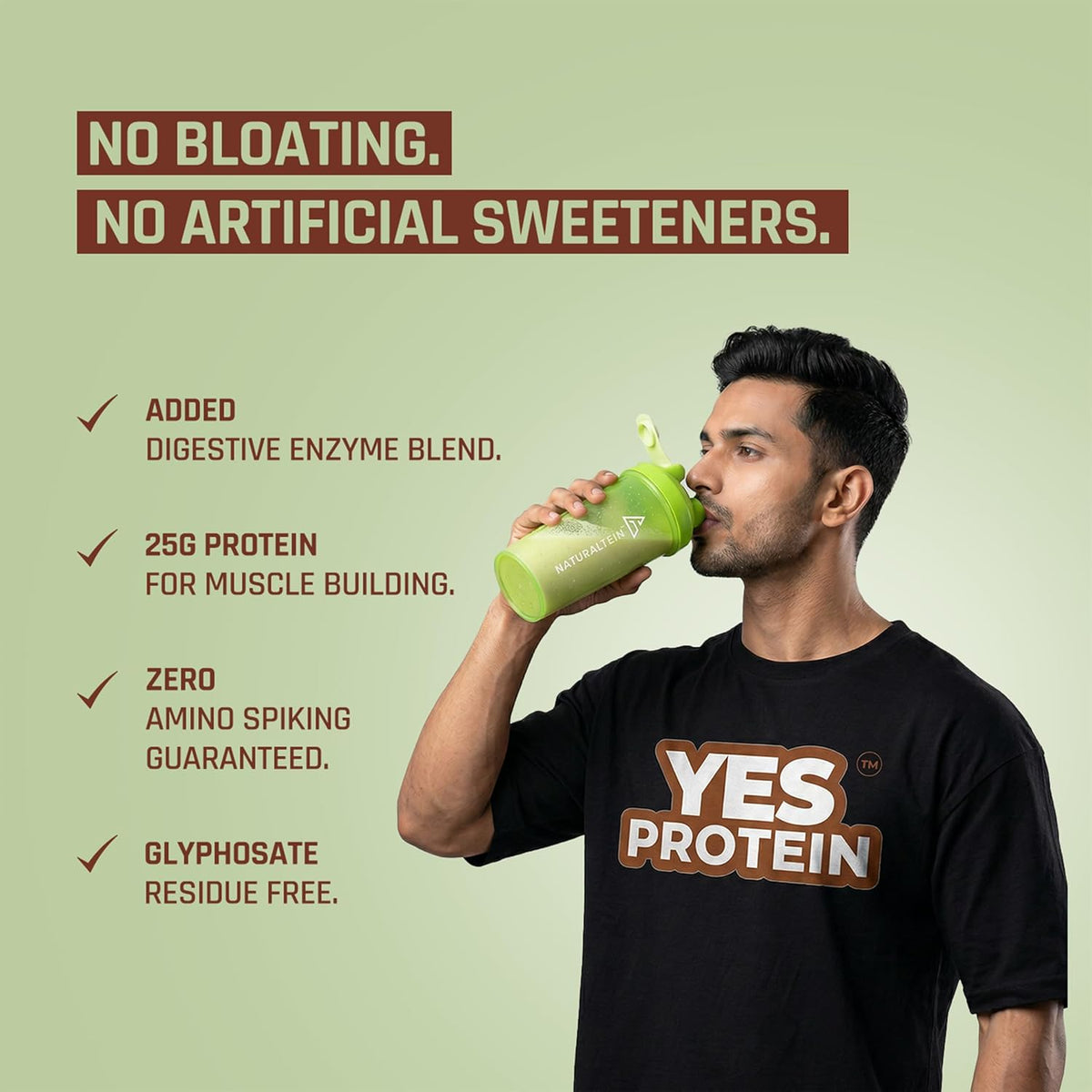 Person drinking a green protein shake with promotional text about protein benefits on a light green background