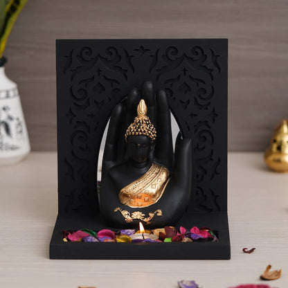 eCraftIndia Gold & Black Polyresin Palm Buddha Showpiece with Rectangle Wooden Base and Background, Fragranced Petals & Tealight