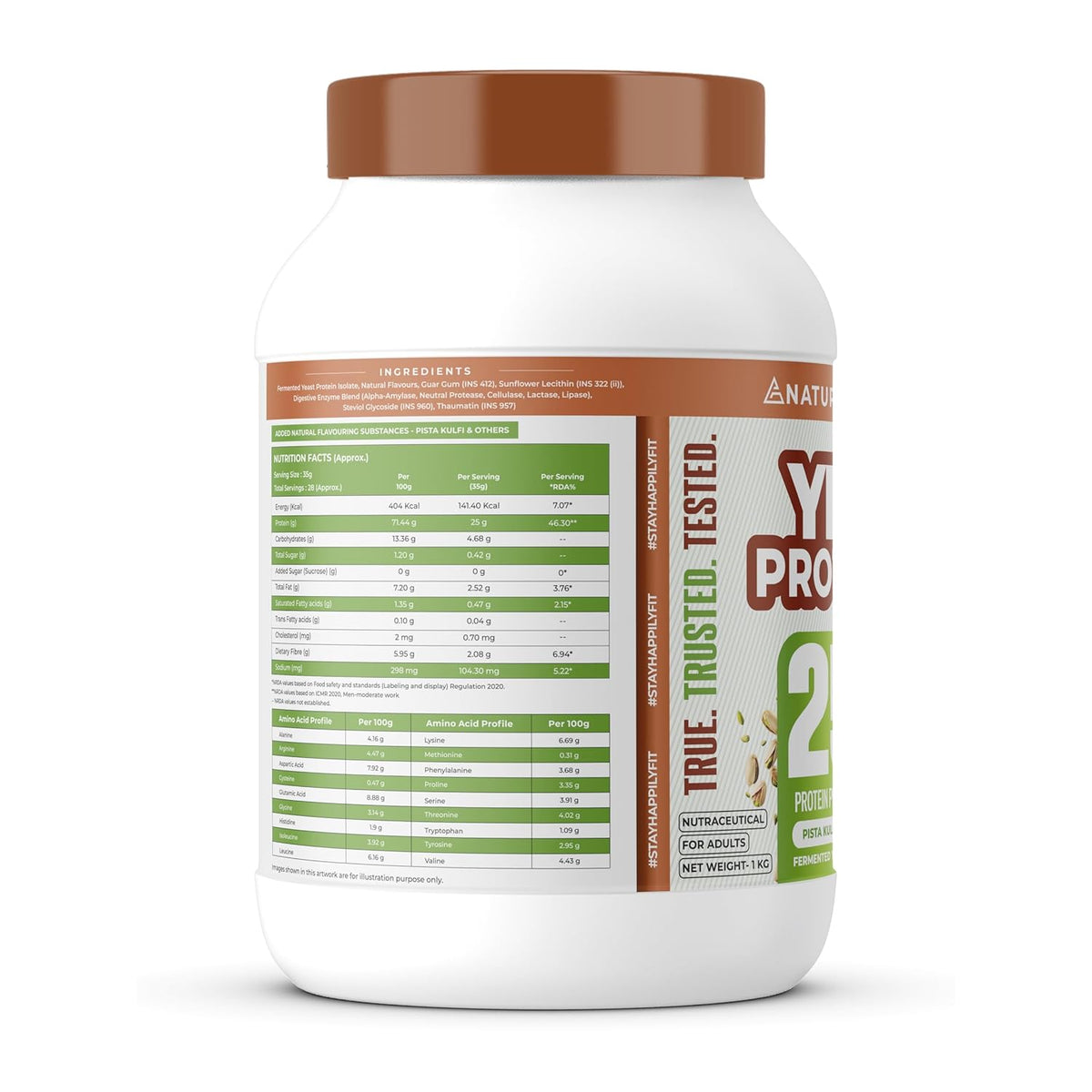 Protein powder container with label on a white background