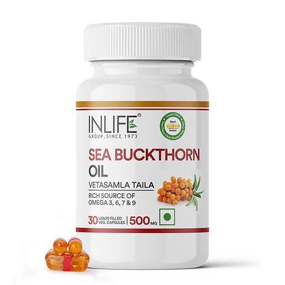 INLIFE Sea Buckthorn Oil Capsules 500mg | Omega 3 6 7 9 Supplement for Skin and Overall Wellness - 30 Liquid Filled Vegetarian Capsules (Pack of 1, 30)