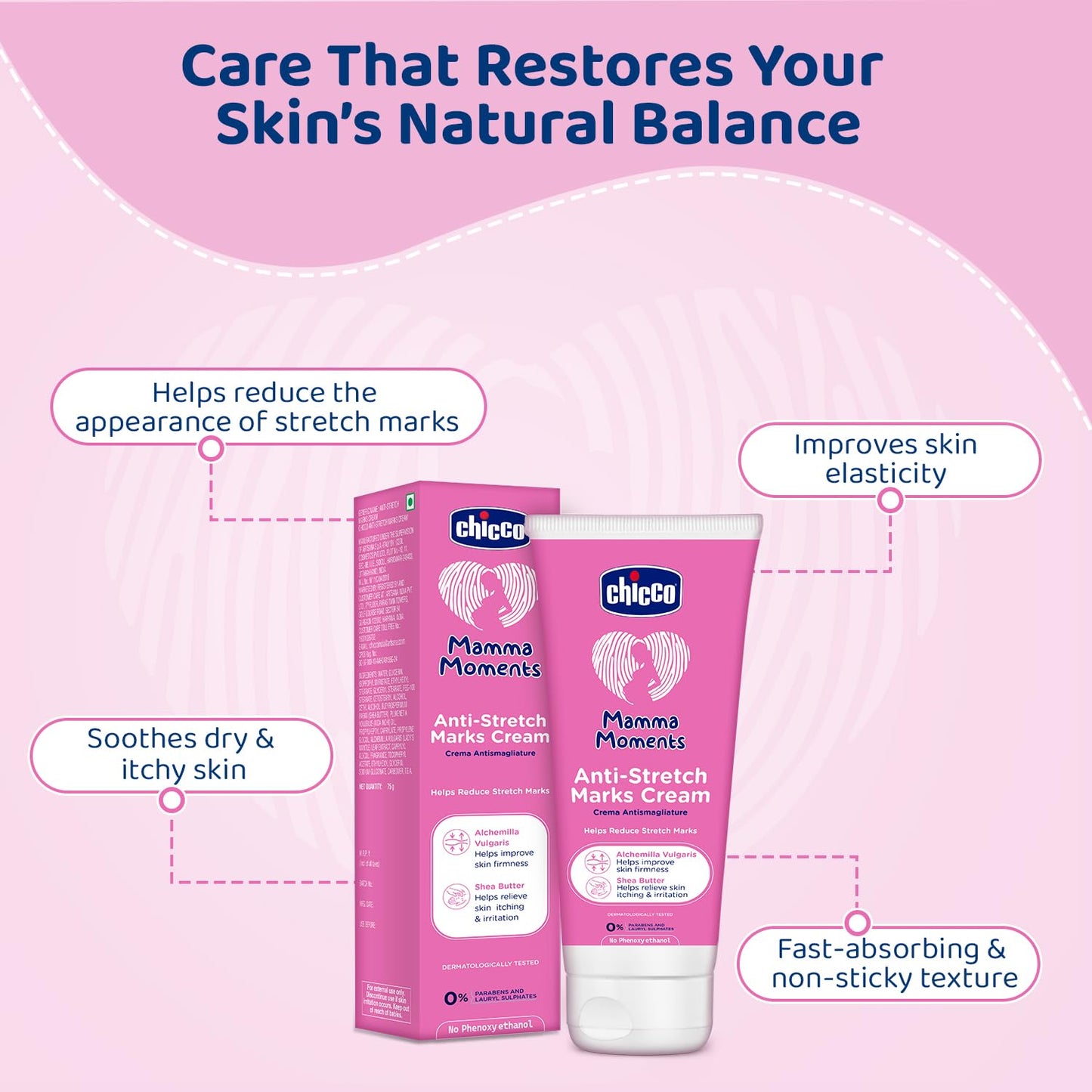 Chicco Mamma Moments Anti-Stretch Marks Cream 75g | Helps Reduce Stretch Marks | Improve Skin Firmness | No Phenoxyethanol | Dermatologically Tested
