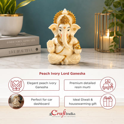 eCraftIndia Peach Ivory Finish Lord Ganesha Statue for Car Dashboard, Home Decor, Office Desk & Puja Room | Ganesh Murti Gift