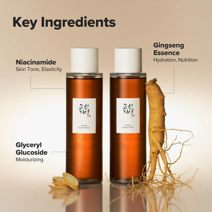 Two bottles of skincare product with ginseng root on a beige background, highlighting key ingredients.