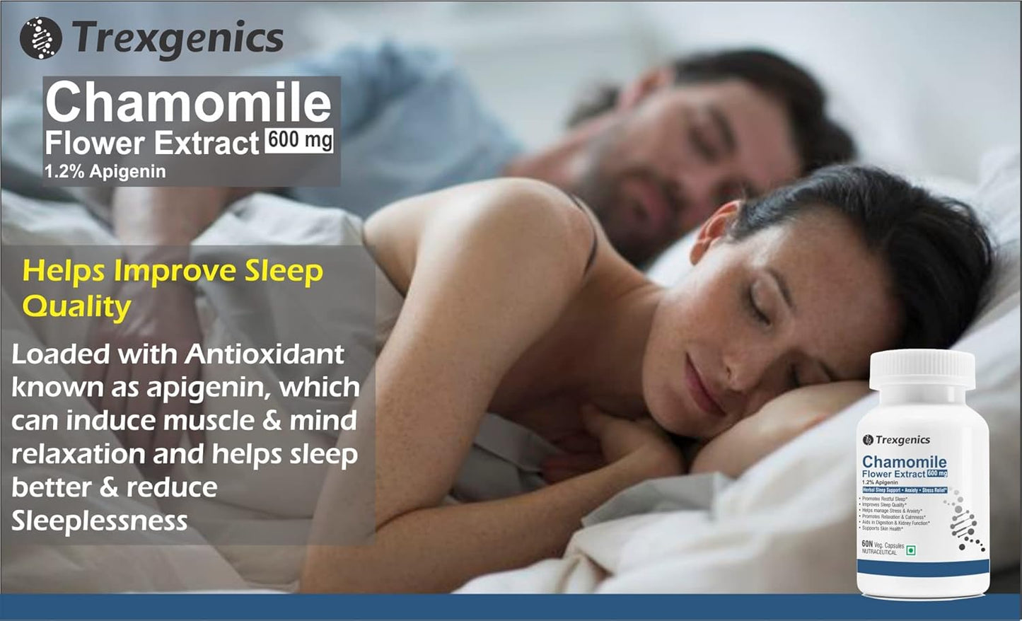 Advertisement for Trexegenics Chamomile Flower Extract with a couple lying in bed.