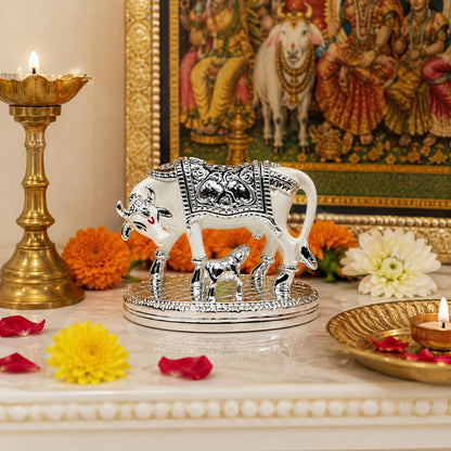 UNOVATE Kamdhenu Cow Idol for Home Temple, Pooja Room & Office Desk, Silver