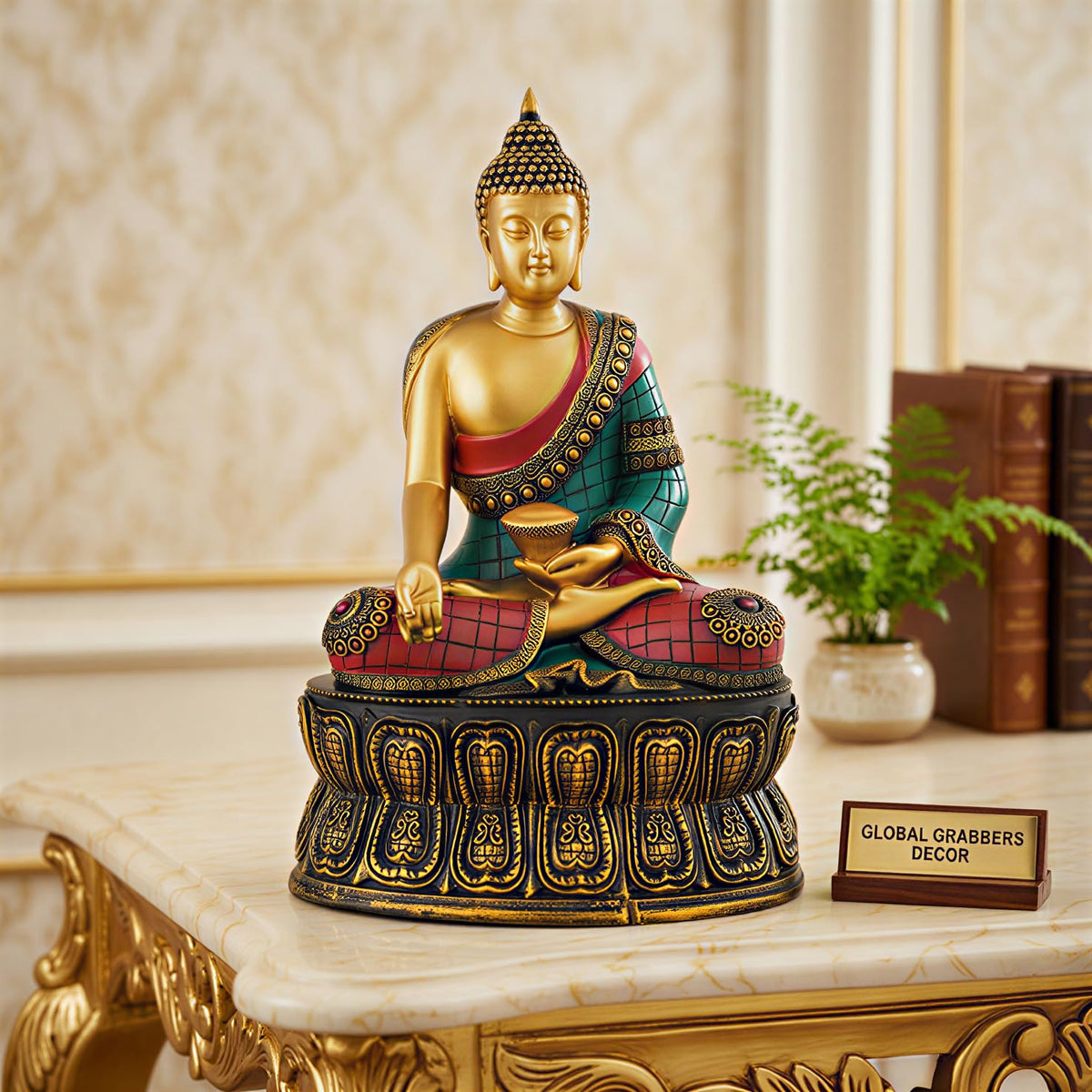 Buddha Statue Showpiece Idol Home Decor Items for Living Room and Gifts (Golden RED Blue)