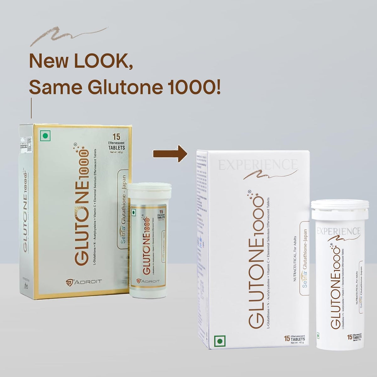 Two versions of Glutone 1000 packaging on a gray background