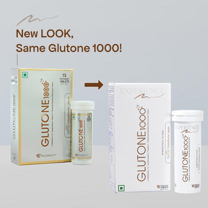 Two versions of Glutone 1000 packaging on a gray background