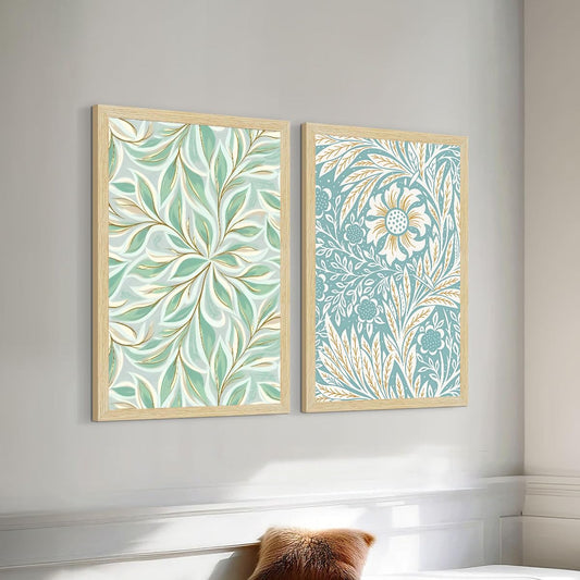 Floral Art Paintings with Frame for Home Decor, Madhubani Wall Paintings for Living Room, Multicolor, Natural Wood Color Frames, Set of 2