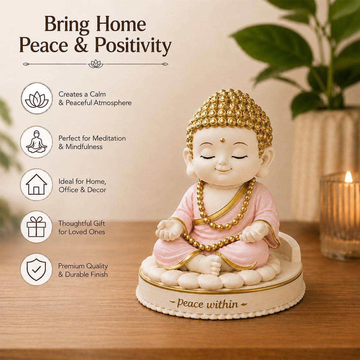 Buddha Idol for Home Decor | 5 Inch Pink & Gold Buddha Statue | Decorative Showpiece for Living Room, Office Table, Meditation Room | Buddha Gift Item
