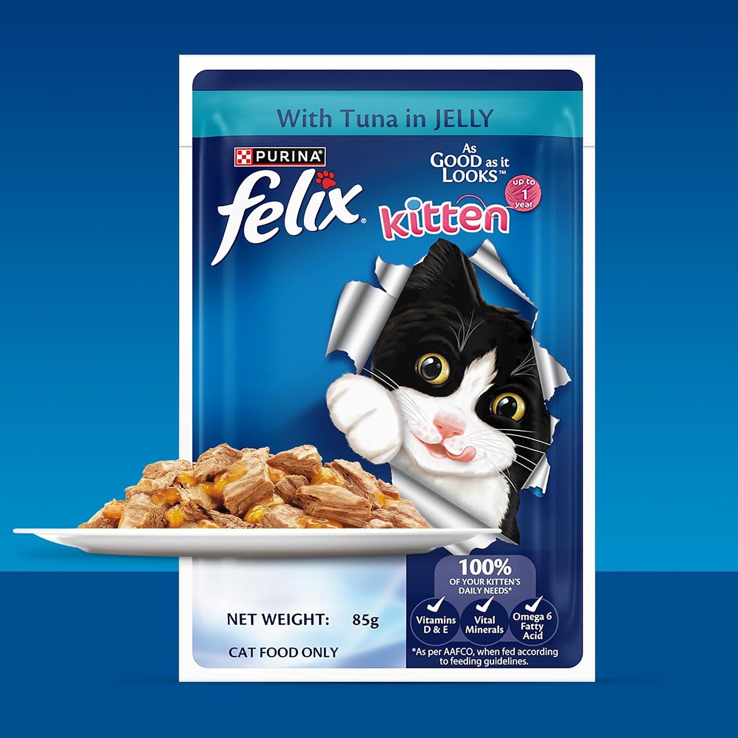 Purina Felix Tuna in Jelly, Wet Food for Adult Cats, 85g Pouch | With Tuna in Jelly, Tasty Meaty Chunks, 100% Complete & Balanced Nutrition, Vitamins D & E, Omega 6, Essential Minerals