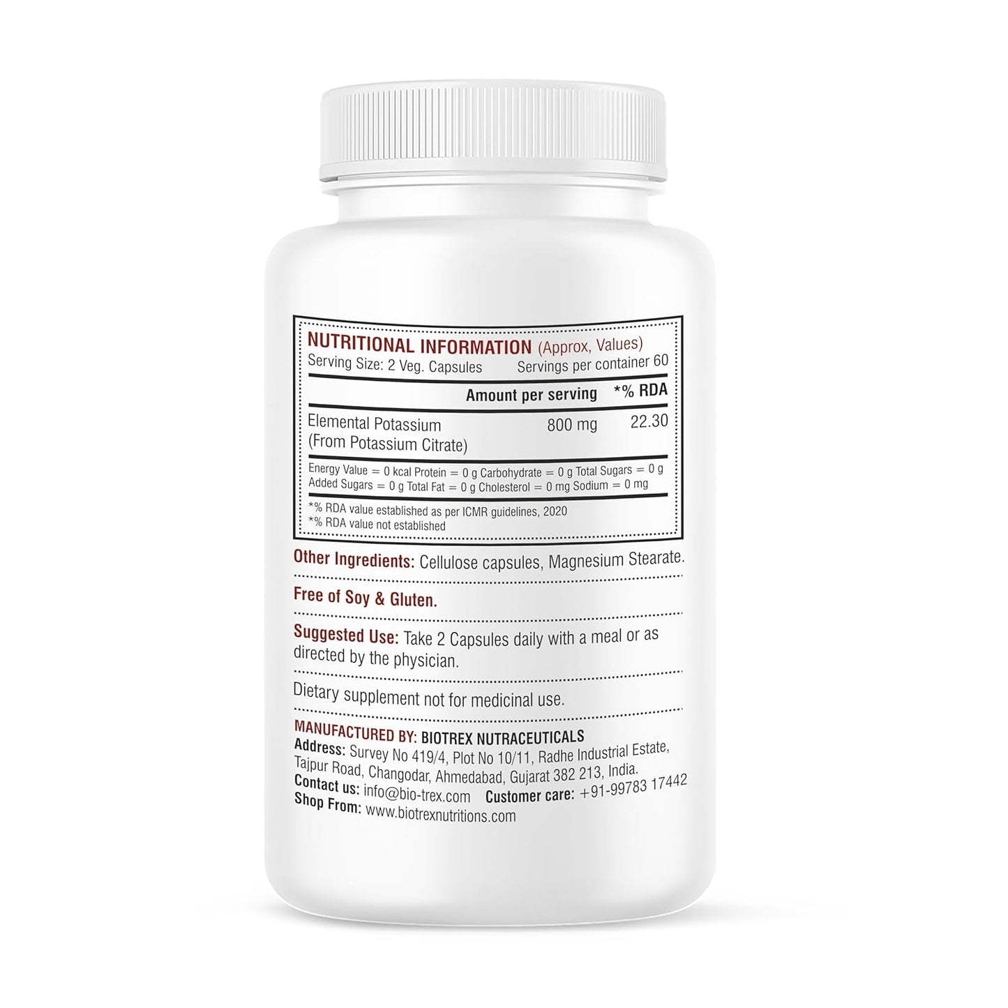 Biotrex Nutraceuticals Potassium Citrate 800mg supplement, Healthy Bone & Joint Health, Supports Healthy Nerve Health - 120 Vegetarian Capsules