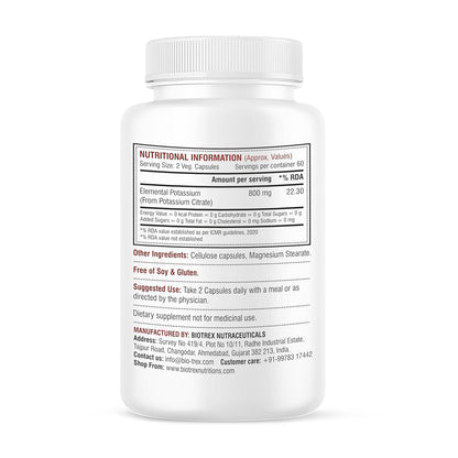 Biotrex Nutraceuticals Potassium Citrate 800mg supplement, Healthy Bone & Joint Health, Supports Healthy Nerve Health - 120 Vegetarian Capsules