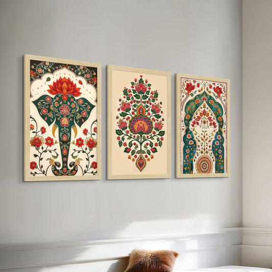 Madhubani Paintings with Frame for Home Decor Wall Art, Wall Painting for Living Room, Multicolor, Natural Wood Color Frames, 12.0x18.0 inch, Set of 3