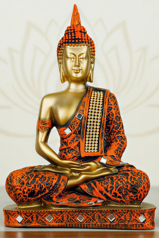 New Limited Edition 25 Centimetre Meditating Sitting Buddha Idol Statue showpiece Home Decor Decoration Items for Living Room and Gifts (Orange Golden)