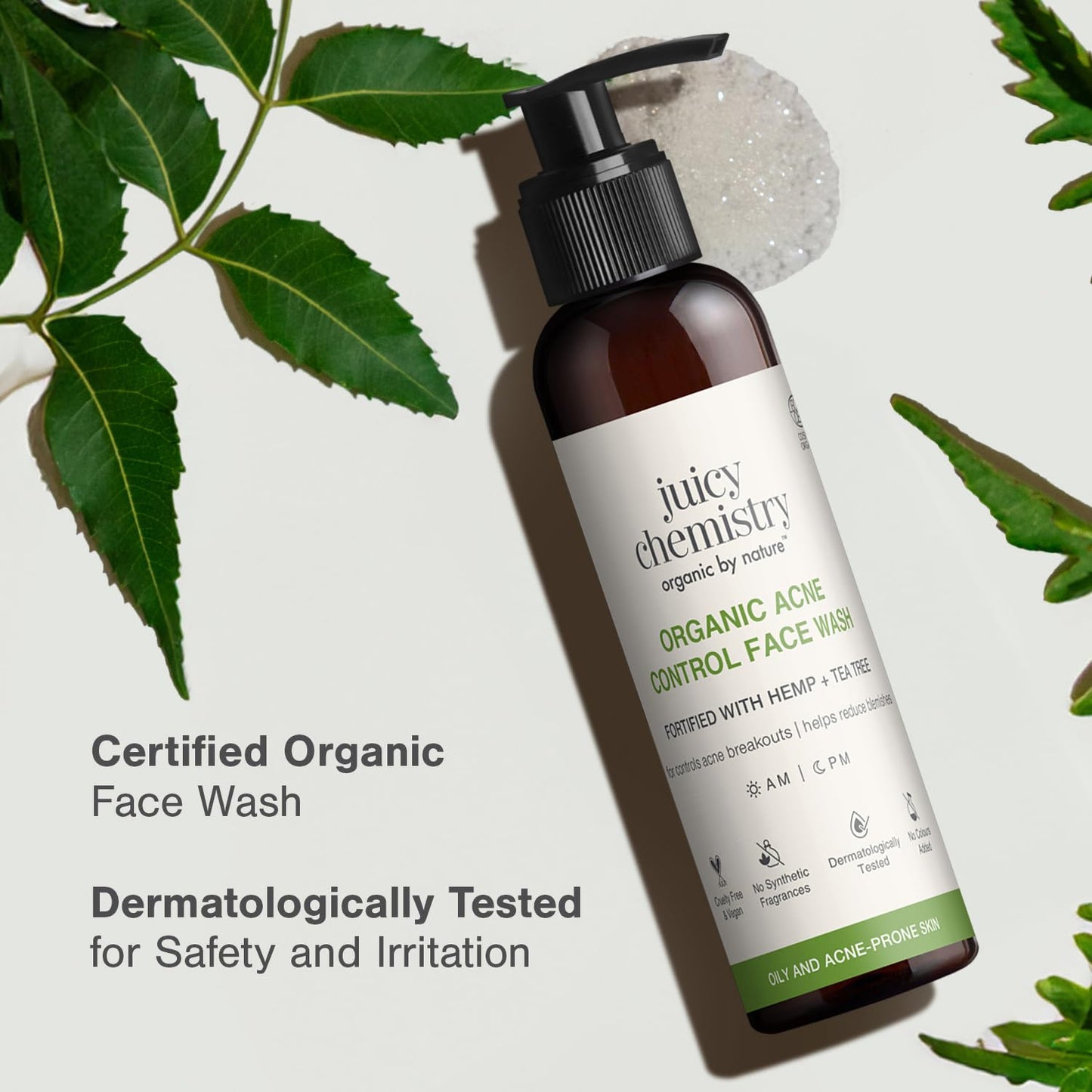 Juicy Chemistry Certified Organic Acne Control Face Wash with Hemp & Tea Tree, 110 ml | Reduces Blackheads | Evens Skin Tone & Restores Glow | Deeply Cleanses & Removes Impurities | Dermatologically Tested