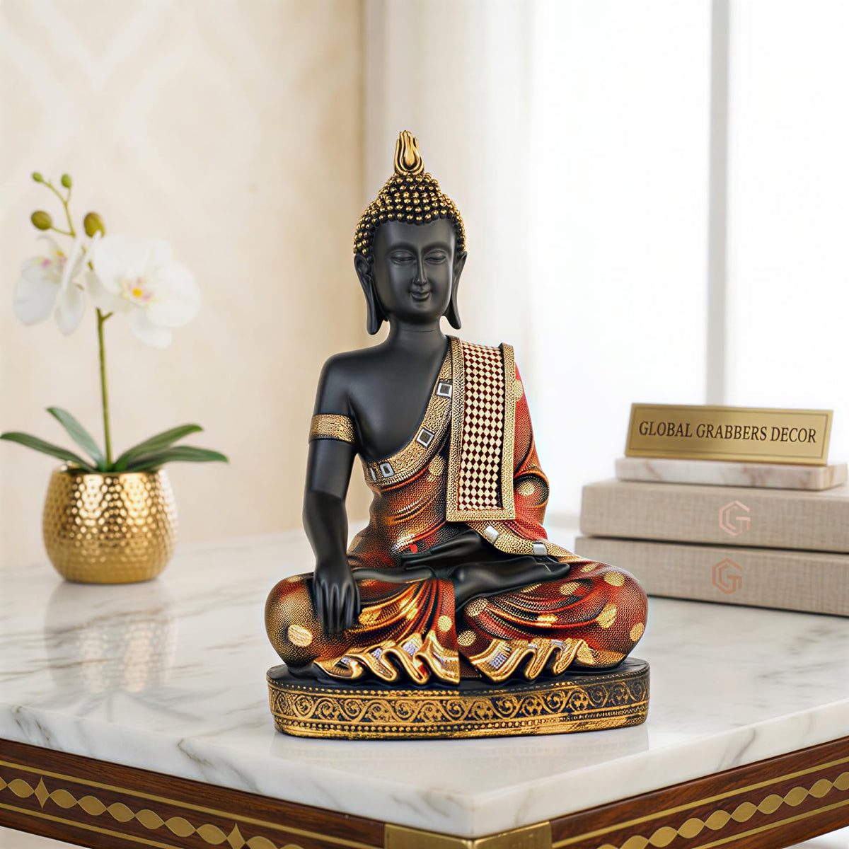 Buddha Idol Statue | Home Decoration Items for Living Room (FIRE RED Black)
