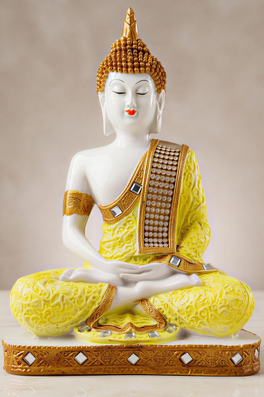 New Limited Edition 25 Centimetre Meditating Sitting Buddha Idol Statue showpiece Home Decor Decoration Items for Living Room and Gifts (Yellow White Glossy)