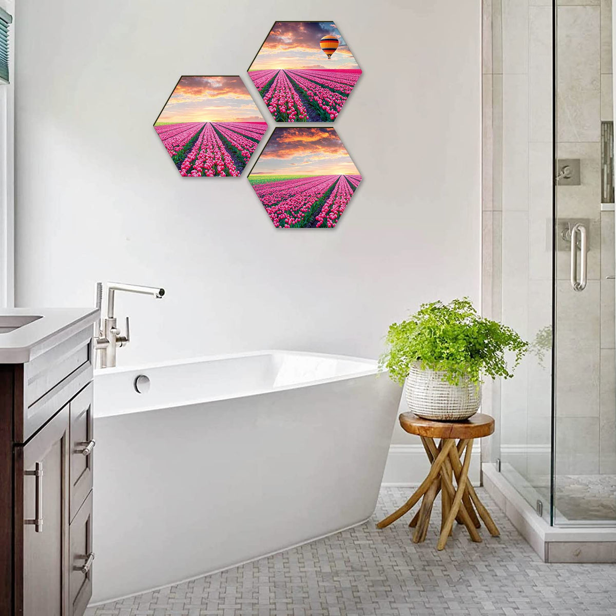 Floral Wall Painting For Living Room Hexagonal Set of 3 (D)