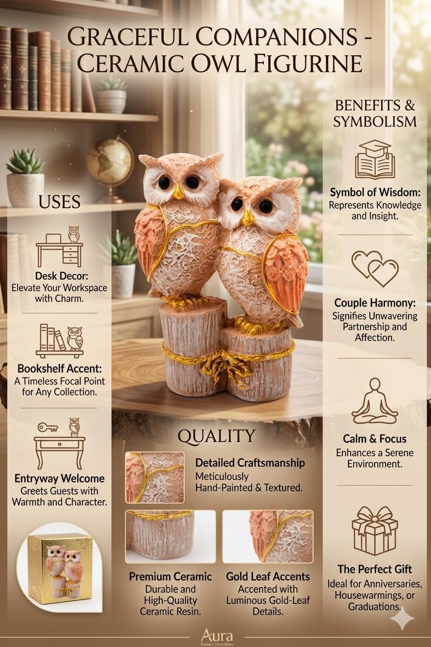 Owl Couple Figurine | Resin | Intricate Pattern Design | Tabletop Showpiece for Home, Office & Bedroom (Peach-White)