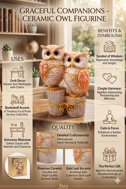 Owl Couple Figurine | Resin | Intricate Pattern Design | Tabletop Showpiece for Home, Office & Bedroom (Peach-White)