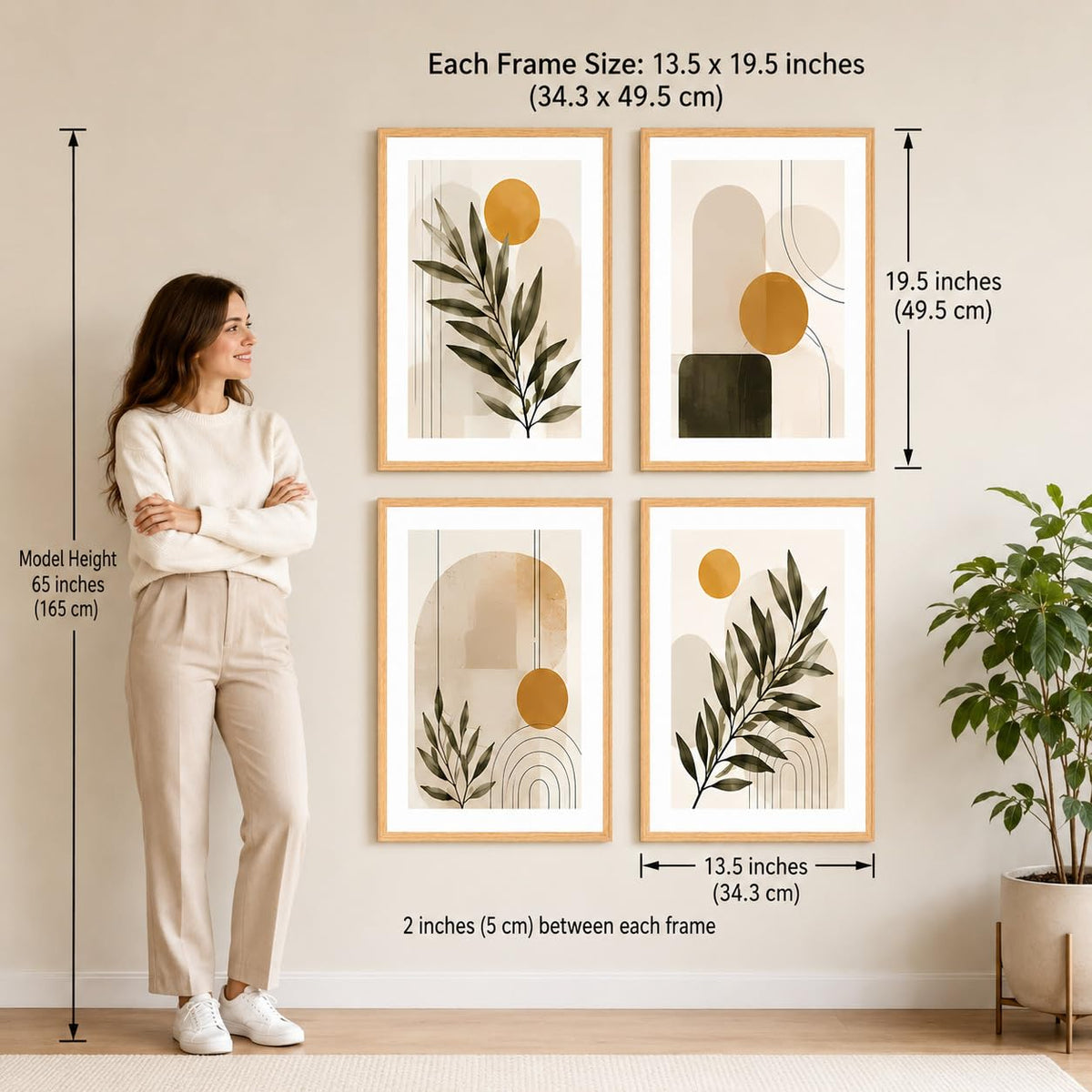 Set of 4 Minimalist Botanical Geometric Wall Paintings with Sparkle Laminate and Premium Wooden Synthetic Frame for Living Room Bedroom Office Decor (13.5 x 19.5 Inch)
