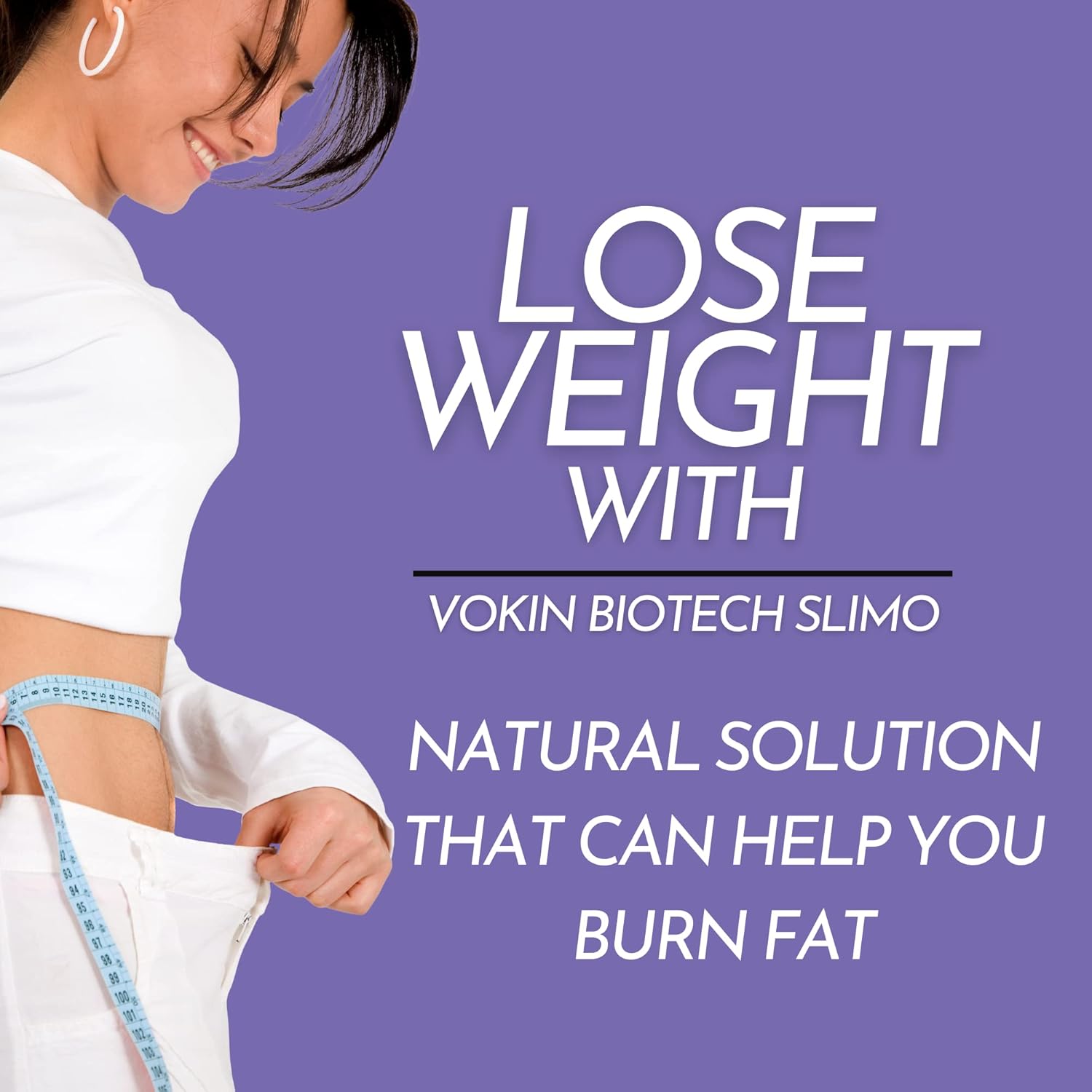 Advertisement for Vokin Biotech Slimo weight loss product with a woman measuring her waist.
