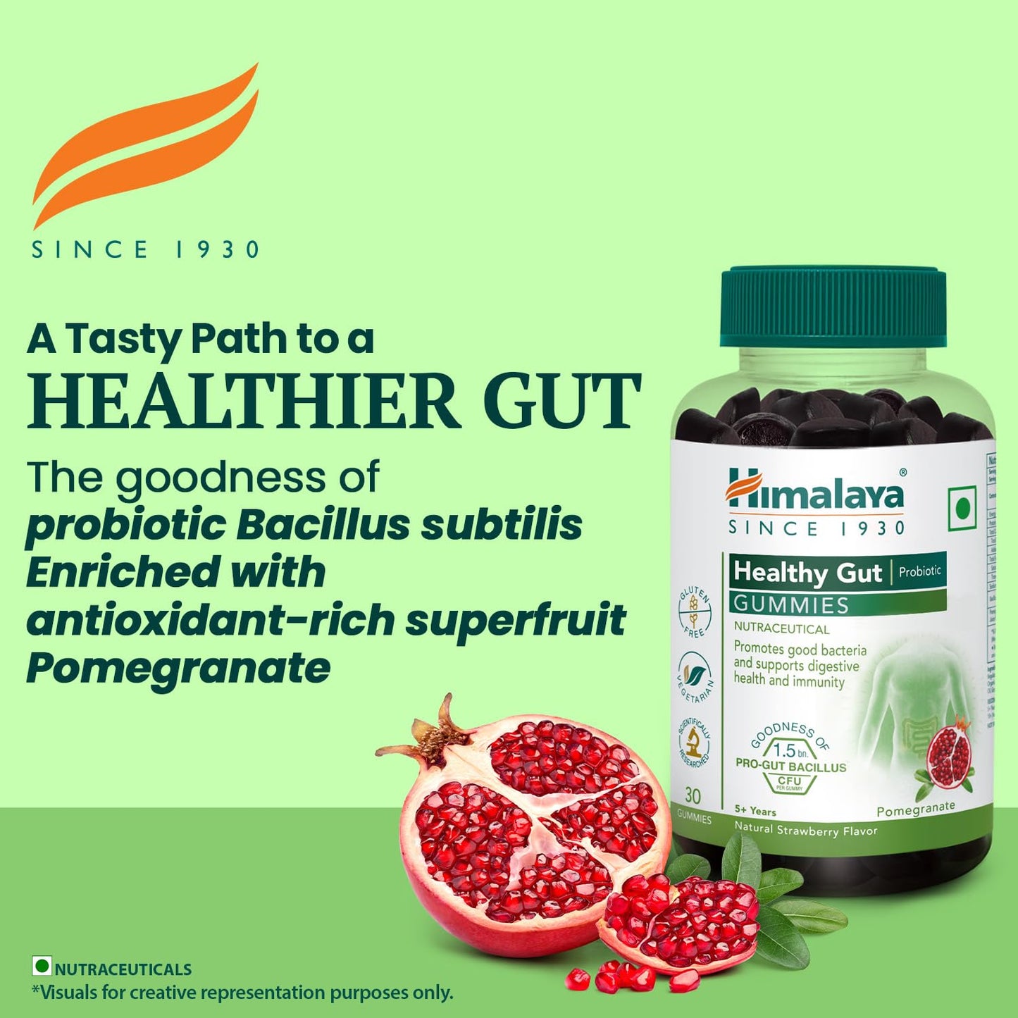 Himalaya Healthy Gut Probiotic Gummies bottle with pomegranate on a green background