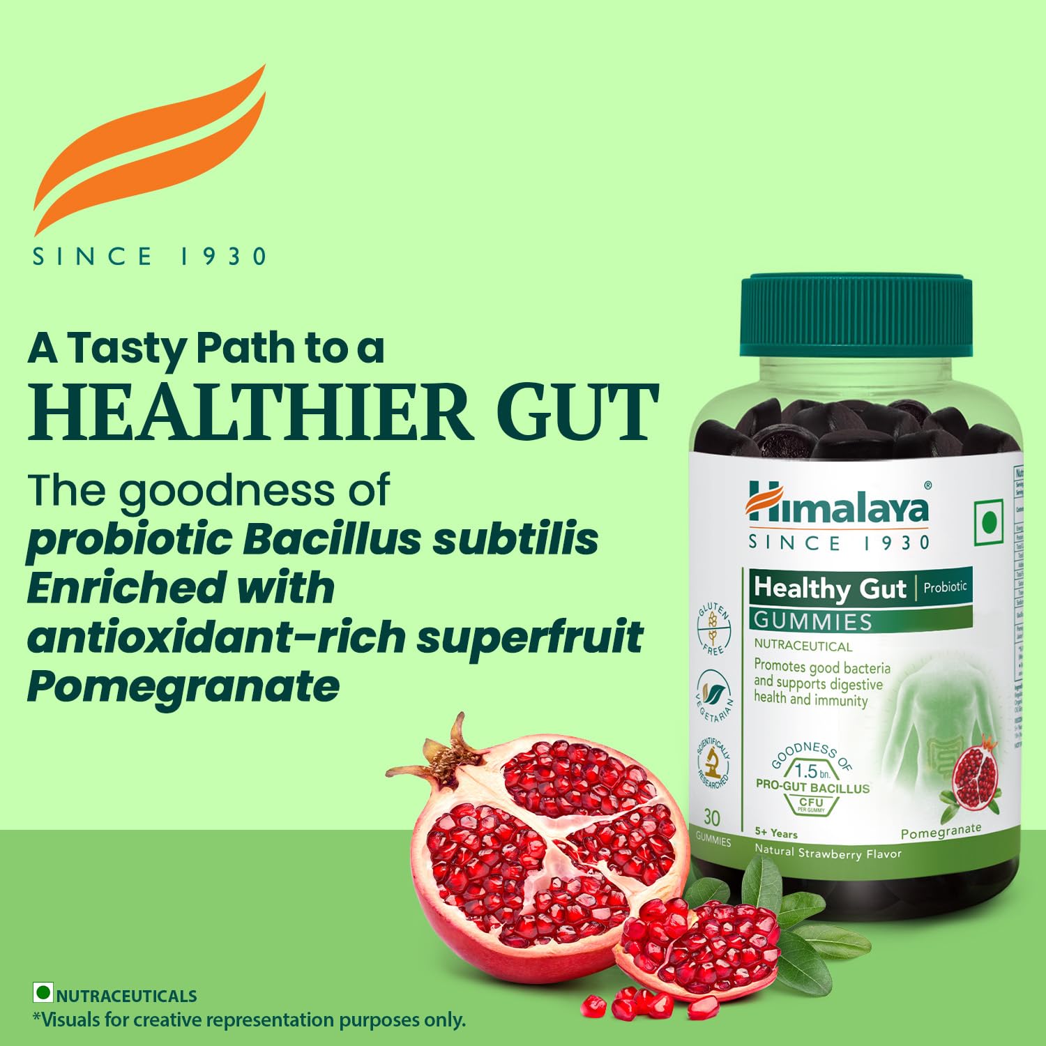 Himalaya Healthy Gut Probiotic Gummies bottle with pomegranate on a green background