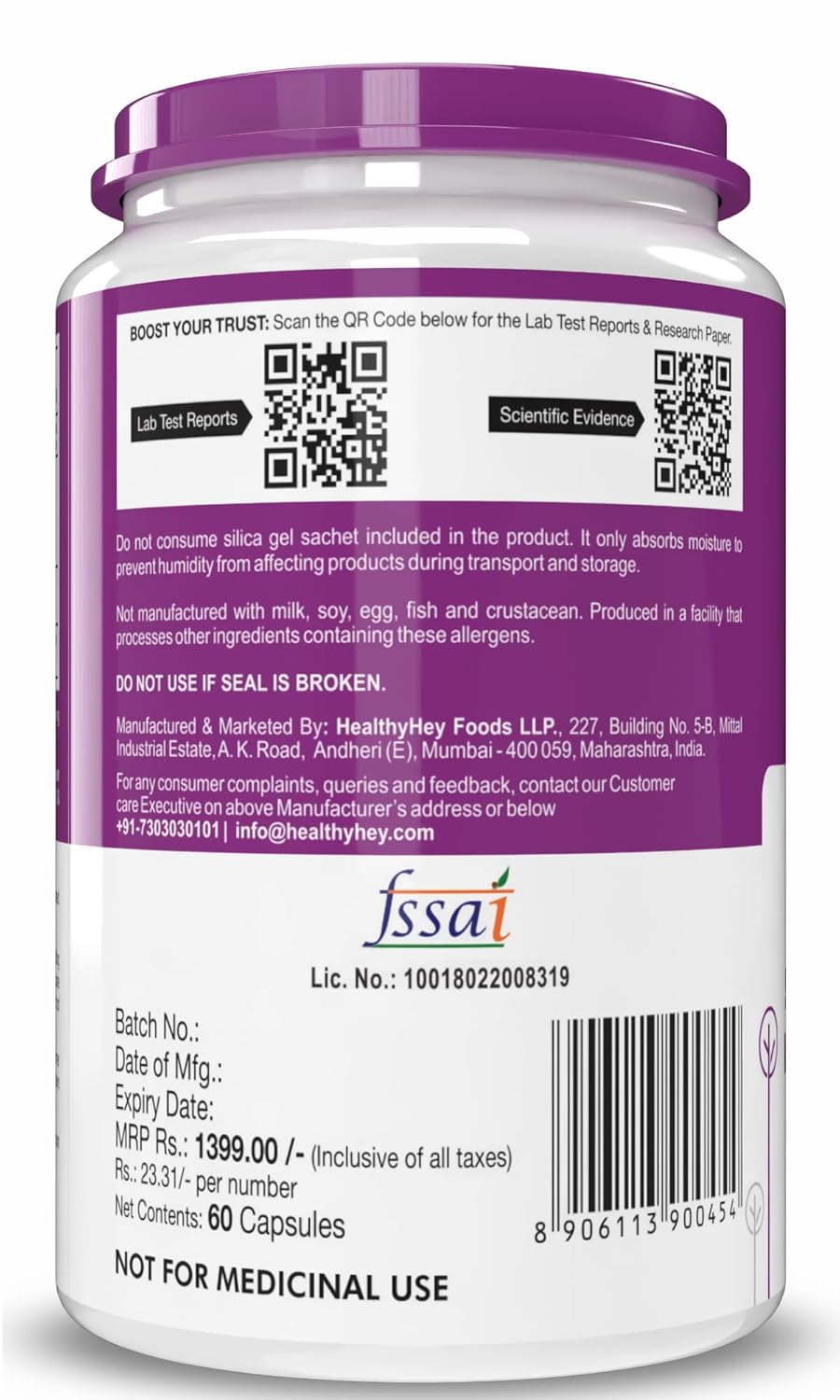 Supplement container with purple lid and label displaying branding and product details.