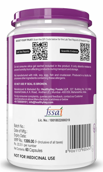 Supplement container with purple lid and label displaying branding and product details.