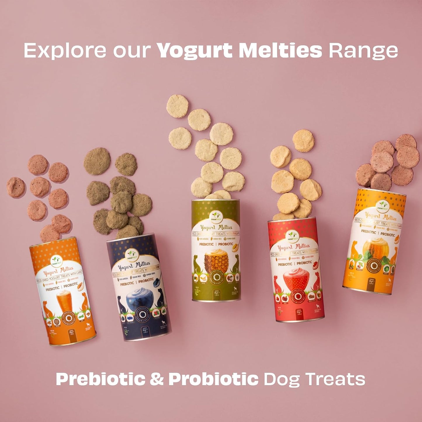Pawfect Yogurt Melties Freeze Dried Pre and Probiotic Dog Treats with Strawberry, Apple, Papaya & Burdock Root - Healthy Gut- Low Calories- Grain & Gluten Free - Reward or Training Treats (38g/1.34oz)