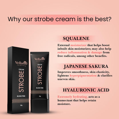 Vellasio Strobe cream packaging with ingredients listed on a pink background