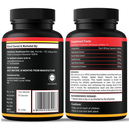 Herbalmax ManCare Pro Capsules – 800mg | With Safed Musli, Shilajit, Ashwagandha, Vaidarikandra & Kaunch Beej Extract | Supports Muscle Strength, Stamina & Physical Performance – 30 Capsules