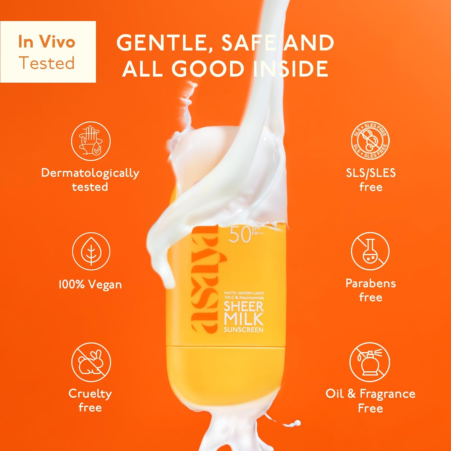 Sheer Milk Sunscreen bottle with safety features on an orange background