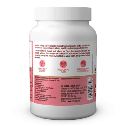 Revital Omega 3 Salmon Fish Oil 1000mg Capsules with EPA 180mg & DHA 120mg | Triglyceride Form | Supports Heart, Joint & Brain Health | Vitamin E Enriched | No Fishy Burps | 60 Capsules | Heavy Metal Tested