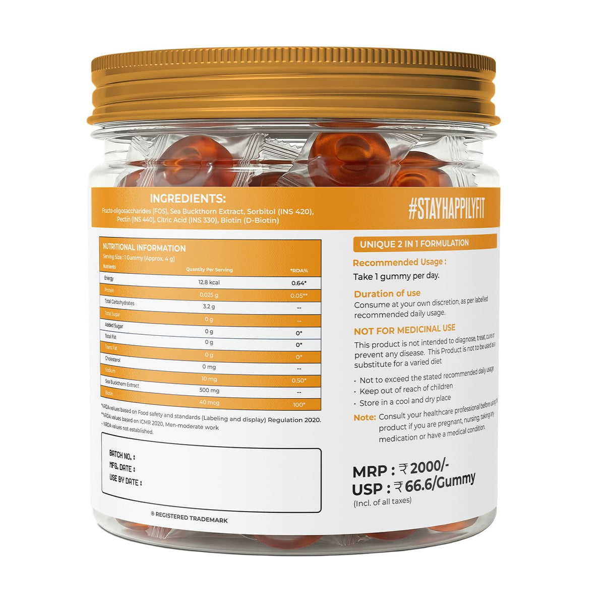 Jar of gummy supplements with a gold lid on a white background
