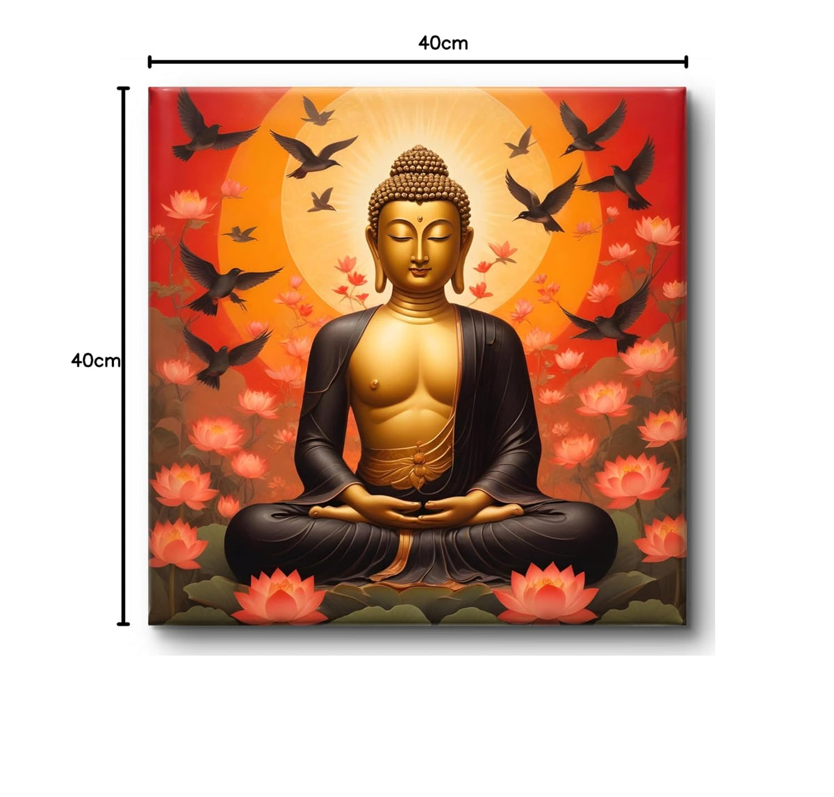 Buddha Wall Art Canvas, Meditation Lotus Flowers, Spiritual Zen Decor with Birds, Orange Sunset Background 16 Inch x 16 Inch CVS-38103
