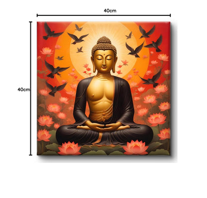 Buddha Wall Art Canvas, Meditation Lotus Flowers, Spiritual Zen Decor with Birds, Orange Sunset Background 16 Inch x 16 Inch CVS-38103