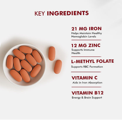 DR. MOREPEN Iron & Zinc Tablets | Enriched with Iron, Zinc, Vitamin C & B12 | Natural & Safe for Men and Women | 60 Veg Tablets
