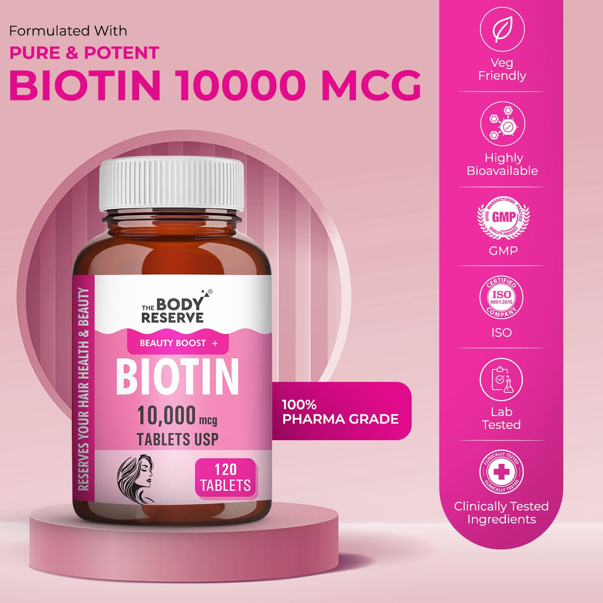Bottle of Biotin 10,000 mcg tablets with certification logos on a pink background