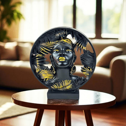African Lady Round Halo Polyresin Showpiece 22 cm Black & Gold Palm-Leaf Circular Bust Statue Luxury Home Décor Figurine for Living Room Office Table Gift | Tabletop Decorative Showpiece